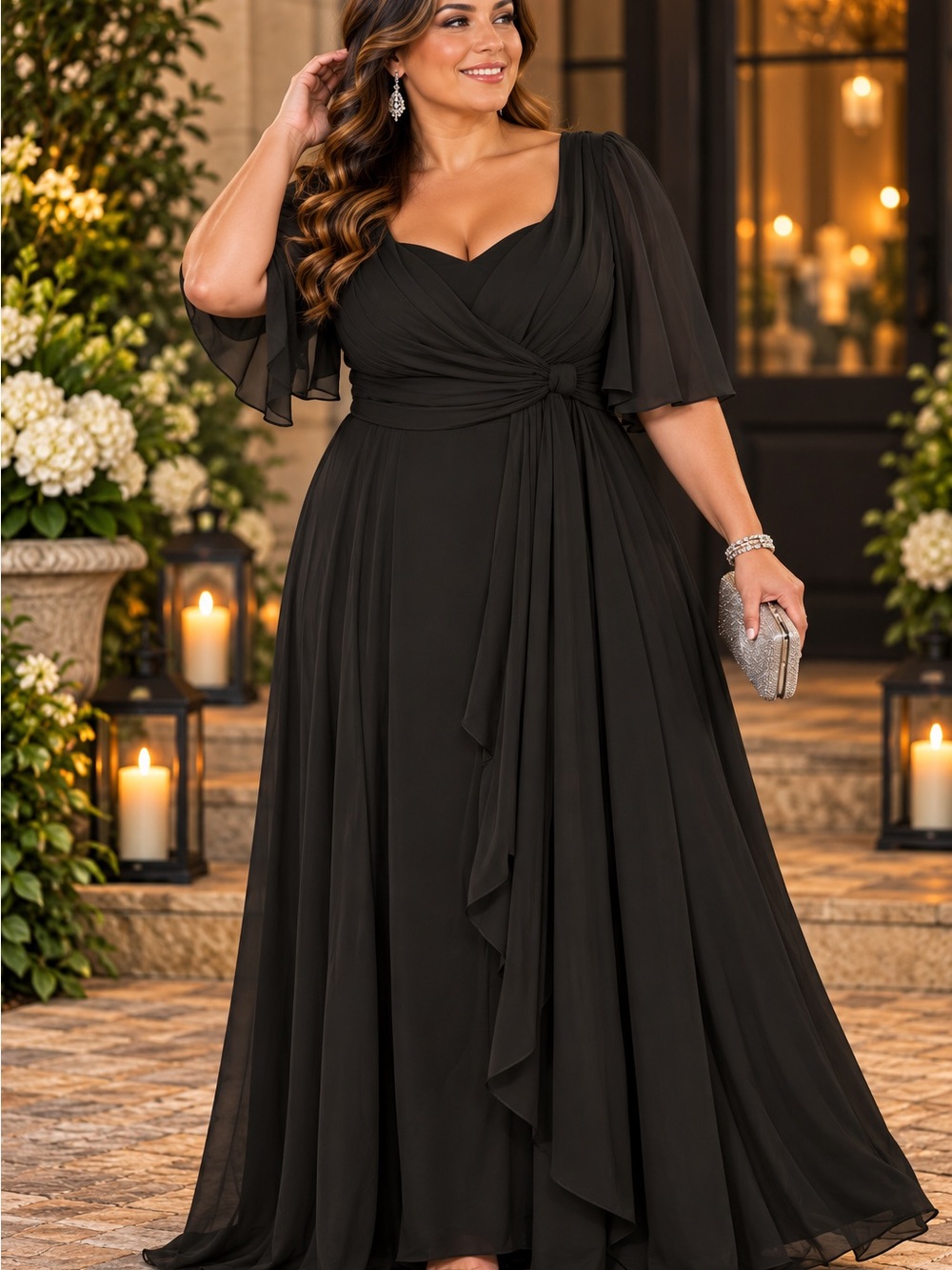 Elegant Black Plus-Size Evening Gown with Flutter Sleeves-Corset